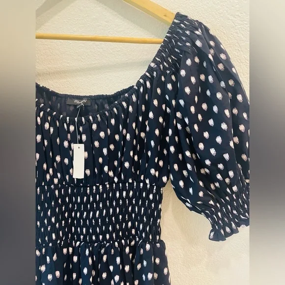 NWT Madewell Smocked-Waist Midi Dress in Black/White Shibori Dot Print Size 00 - Picture 4 of 4